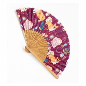 NEW Karen Mabon Oh So Royal Corgi Dog Hand Fan Foldable Buckingham Palace Purple